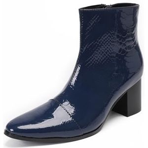 SFSSWSRYDF Donkerblauwe leren Executive Zip Boots voor heren, hakken, casual Chelsea enkellaarsjes, lakleren laarzen,Blauw,37 EU