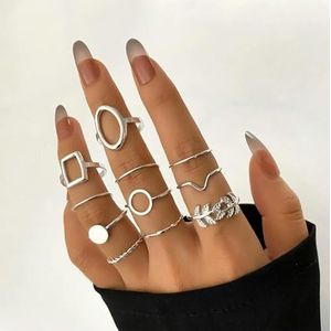 Mode Vrouw Zilveren Kleur Geometrische Ringen Set Voor Vrouwen Meisjes Vintage Ster Hart Pijl Ring Sieraden Gifts-IF107912915