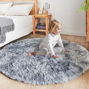 ROHATIM Slaapkamer pluche tapijt, rond, pluizig tapijt voor woonkamer, moderne woonkamer, meisjes, zacht en pluizig tapijt voor de slaapkamer, kindermat (lichtgrijs, 150 cm, rond)