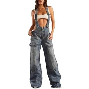 OHERUWKLS Dames Denim Overalls Mouwloze Baggy Sexy Jumpsuit met verstelbare taille,Blauw,L
