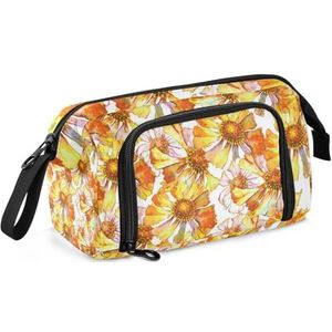 ZRWLUCKY Etui Organizer Grote Capaciteit Pen Case Cosmetische met Rits Gevallen Met Potlood Houder voor Vrouwen Oranje Madeliefje Herfst Bloem