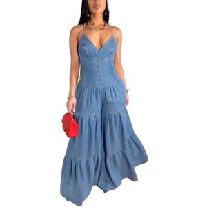BANGHA Jumpsuits Voor Vrouwen Zomer Casual Casual Losse Overalls Jumpsuits Een Stuk Mouwloze Flowy Broek Rompertjes Zomer Sexy Halter Backless Brede Pijpen Jumpsuit, Lichtblauw, 3XL