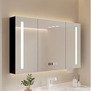 Badkamer Medicijnkastje Met Spiegel & LED-verlichting, Extra Grote Rechthoekige Wandgemonteerde Opbergkast, Badkamer Spiegelkast Met Anti-Fog Defog, Voor Woonkamer, Badkamer Wandkast(Nero,88*70cm/34.7