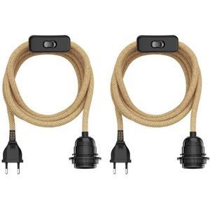 ledscom.de 2 stuks hennepkabel/textielkabel LEKA, stekker, schakelaar, beige, 3 m, fitting, 1x E27 max. 60W