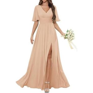 HPPEE Damesjurk met korte mouwen en V-hals, chiffon, bruidsmeisjesjurk met split en plooien, lange formele avondjurk, Roségoud, 32