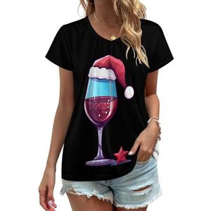 Kerst Rode Wijn Glas Print Dames V-hals T-shirts Leuke Grafische Korte Mouw Casual Tee Tops L