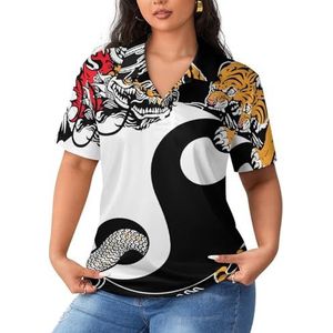 Yin Yang Dragon And Tiger Poloshirts voor dames, korte mouwen, casual T-shirts met kraag, golfshirts, sportblouses, tops, 3XL