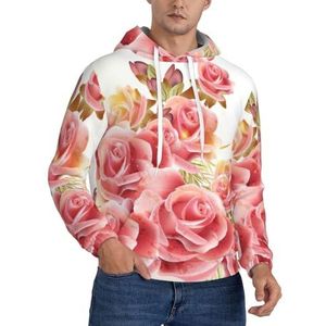 JEJEA Roze rozenbloesem print heren sweatshirt capuchon trekkoord hoodies trui lange mouwen trui voor dagelijks gebruik, Zwart, S
