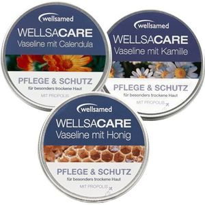 Wellsamed Wellsacare Vaseline Crème, 150 ml (3 x 50 ml) met honing, kamille en goudsbloem voor droge huid en lippen, verzorgt en beschermt, vochtinbrengende crème met vitamine E en propolis,