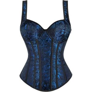 Steampunk Bandjes Overbuste Korset Met Cup Rits Sexy Jacquard Bloemen Corset Taille Cincher Bustier Lingerie Top Plus Size, 1569blauw, 5X-Large