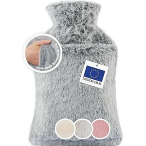 Blumtal premium warmwaterkruik met hoes & tas van zacht imitatiebont | warmwaterkruik van natuurrubber | warmwaterkruik voor kinderen & baby's met handwarmer | lekvrije bedkruik | grijs