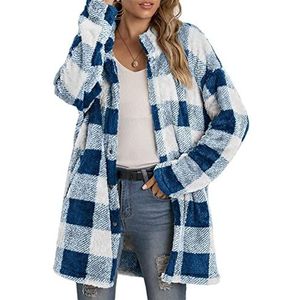Sawmew Damespluche geruite hemdjas met zakken, Schotse ruiten casual jas, winter geruite warme jassen voor dames (Color : Blue, Size : L)