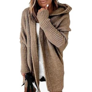 Grofgebreid Vest Met Lange Mouwen For Dames, Maten Gebreide Jas, Herfstwinter, Truien, Jassen For Tienermeisjes, Lang Vest, Capuchon(Khaki,XL)