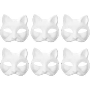 Kat masker wit papier, 6 stuks wit gezicht papieren maskers, anime half gezicht kat masker voor doe-het-zelf geschilderde maskers, handgeschilderd masker