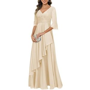 KIYNE Jurken voor dames, V-hals, moeder van de bruid met mouwen, geplooide ruches chiffon formele avondjurk, Champagne, 36