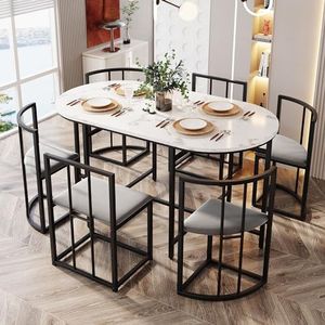 Aunvla Eettafelset met zes stoelen, witte tafel, stoelen met rugleuningen en grijze bekleding, zwart ijzeren frame, eetkamertafel en stoelset, moderne eettafelcombinatie