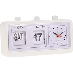 Fikujap Kalender vierkant horloge, wekker retro horloge automatisch flip horloge, niet-tikken kalender horloge met datumdisplay,Wit