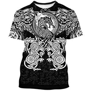 Heren Viking Celtic Wolf Rune T-Shirts, Noorse Odin Fenrir Cool Tattoo 3D Print Korte Mouwen, Noorse Mythologie Vintage Casual Losse Trui Tops Tees Streetwear