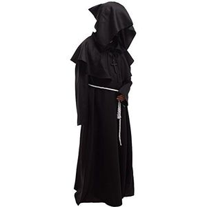 BLESSUME Friar middeleeuwse Hooded Robe Monnik Renaissance Priester Robe Halloween Cosplay Kostuum (S, Zwarte Cowl Hoed+gewaad taille touw+ketting)