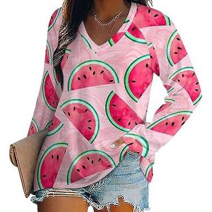 Aquarel Watermeloen Fruit Vrouwen Casual Lange Mouw T-shirts V-hals Gedrukt Grafische Blouses Tee Tops 4XL