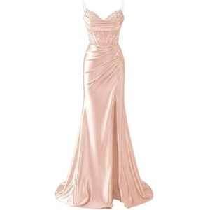 YIANN Satijnen baljurk met spaghettibandjes voor dames, met split, kant, applicatie, zeemeermin, lange baljurk, formele jurk, Roségoud, 32