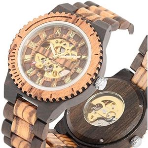 Handgemaakt Luxe Mens Horloges Ronde Automatische horloge for Mannen Mode Houtklok Verstelbare Houten Armband Mechanische Polshorloge Huwelijksgeschenken (Color : Wood)