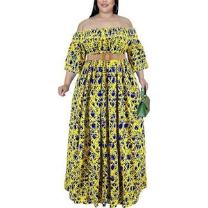 Dames Plus Size Sexy Off Shoulder Halve Mouw Bedrukte Maxi-jurk Hoge Taille A-lijn Vloeiend Grote Swing Vakantiejurk (Color : Yellow, Size : XXL)