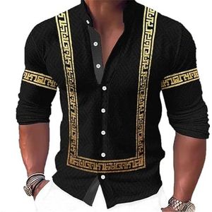 famesale Herenshirt barokke print opstaande kraag lange mouwen shirts mode vintage 3D geometrie bedrukt T-shirt zomer casual regular button blouse streetwear top, Goud, XL