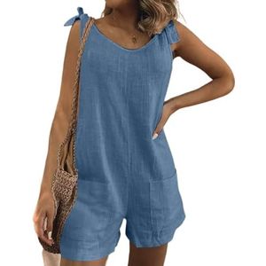 BANGHA Jumpsuits Voor Vrouwen Zomer Casual Effen Kleur Lace Up Casual Strap Jumpsuit Vrouwen Katoen Linnen Rechte Broek Bib Overall Streetwear Losse Shorts Rompers, Blauw, XL