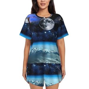 Space Planet Print Dames Zomer Zachte Tweedelige Bijpassende Outfits Korte Mouw Pyjama Lounge Pyjama Sets, Zwart, XXL