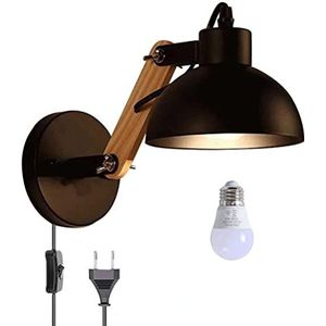 industriële wandlamp 360 ° verstelbare houten lange arm leeslamp met schakelaar en stekker, vintage wandlamp binnen verstelbare draaibare metalen lampenkap, E27 slaapkamer wandlamp bedlamp, Black