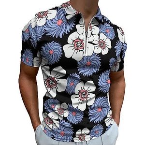 Blauw Wit Bloem Poloshirt voor Mannen Casual Rits Kraag T-shirts Golf Tops Slim Fit