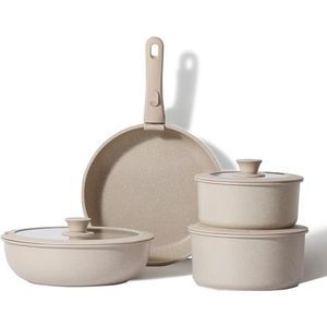 CAROTE 8-delige pannenset met afneembare handgrepen, pan 26 cm, steelpan 18/20 cm, wok 26 cm, anti-aanbaklaag, stapelbare kookpannenset voor inductie, ovenbestendig