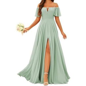 Prinses Bruidsmeisje Jurken Off Shoulder Prom Jurken Plooien Chiffon Formele Avond Party Maxi Jurk met Split ZMK196, Sage Groen, 32