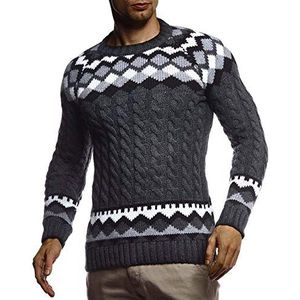 Leif Nelson LN20757 Gebreide trui voor heren, Noorse trui met ronde kraag, wintertrui voor Kerstmis, winter, Noors patroon, slim fit, crew neck, antraciet, L