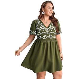 voor vrouwen jurk Plus bloemenprint jurk met pofmouwen (Color : Army Green, Size : 3XL)