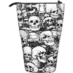 Nbtghga Zwart en Wit Schedels Patroon Print Potlood Telescopische Klassieke Kunsten Stand Up Potlood Case Organizer Potlood Houder Make-up Tas Gift, Zwart, Eén maat