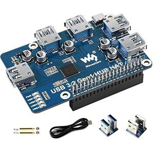 USB 3.2 Gen1 Hub HAT voor Raspberry Pi 4B/3B+/3B/Zero W, 4x USB 3.2 Gen1 poorten, drivervrij, plug & play, compatibel met USB 3.0/2.0/1.1, extern USB-C stroomaansluiting