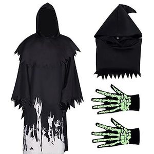 Reaper kostuum, zwarte mantel met capuchon - Kaapmantel met capuchon voor kinderen,Glow In The Dark Death Reaper Halloween-vakantiekostuums voor feesten, cosplay, toneelvoorstellingen