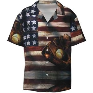 OdDdot Amerikaanse vlag honkbalprint heren overhemden atletisch slim fit korte mouw casual zakelijke button down shirt, Zwart, XXL