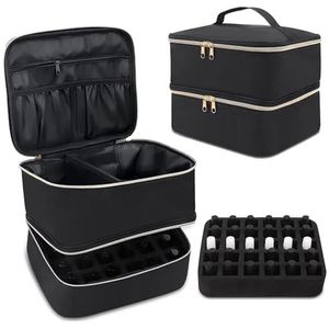 Nagellak-opbergtas, dubbellaagse nagellak-tas, waterdichte nagellak-organizer, nylon cosmeticatas, make-up organizer voor 30 flesjes nagellamp, nagelaccessoires, nageldroger, zwart, Praktisch en