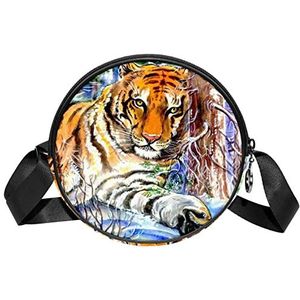 Messenger Bag Tiger in the Winter Forest Crossbody Tas voor Dames Rond, Meerkleurig, 6.7x6.7x2.3 in, Sling Rugzakken