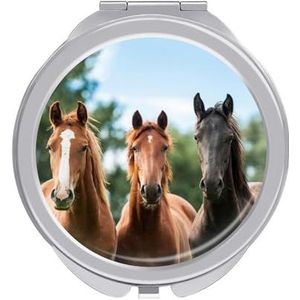Drie Paarden Compacte Spiegel Ronde Zak Make-up Spiegel Dubbelzijdige Vergroting Vouwen Draagbare Handspiegel
