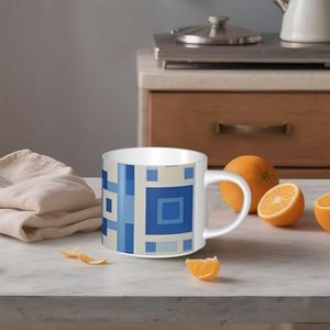 STVYUKL Keramische koffiemok 15 oz, grappige koffiemok met groot handvat blauw vierkant patroon theekop geschenkbeker voor latte, cacao, koffiewit