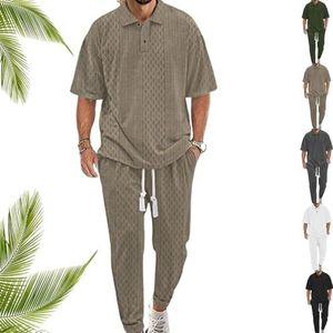 CupitiDU Set met effen jacquard gebreide top en broek voor heren, stijlvolle zomerbroek, set van 2 stuks, outfits voor heren (kaki, 3X-Large)