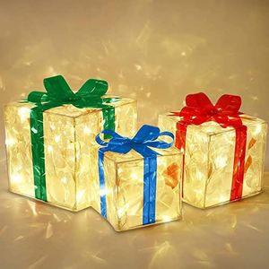 Micozy Kerstverlichting Geschenkdoos Decoraties - Batterij Werkt LED Decoratie Dozen, 100-LED-licht Present Dozen met Strik, Pakketverlichting voor Home Decor Outdoor Indoor (3 kleuren, 13+15+19cm - 3