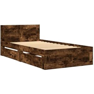 vidaXL Bedframe met hoofdbord bewerkt hout gerookt eiken 75x190 cm, bed, bed ombouw, boxspring, bedbodem, slaapkamermeubel, twijfelaar bed