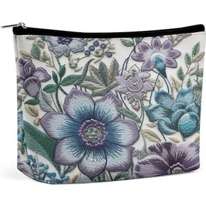 JKLQWH Lederen make-uptas, waterdichte make-uptas voor vrouwen, blauwpaarse bloemen, open platte toilettassen, draagbaar zakje met rits, make-up organizer hoesje voor reisaccessoires, blauwpaarse