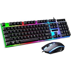 Mechanische gaming toetsenbord en muis set, regenboog LED, USB bedrade desktop combo (zwart)