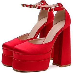 WEOKMN Sandalen met hak voor dames, sexy pumps met dikke blokhak, mode-instappers met enkelbandje en vierkante neus, hoge platformpumps voor damesbruid (Color : Red, Size : 41 M EU)